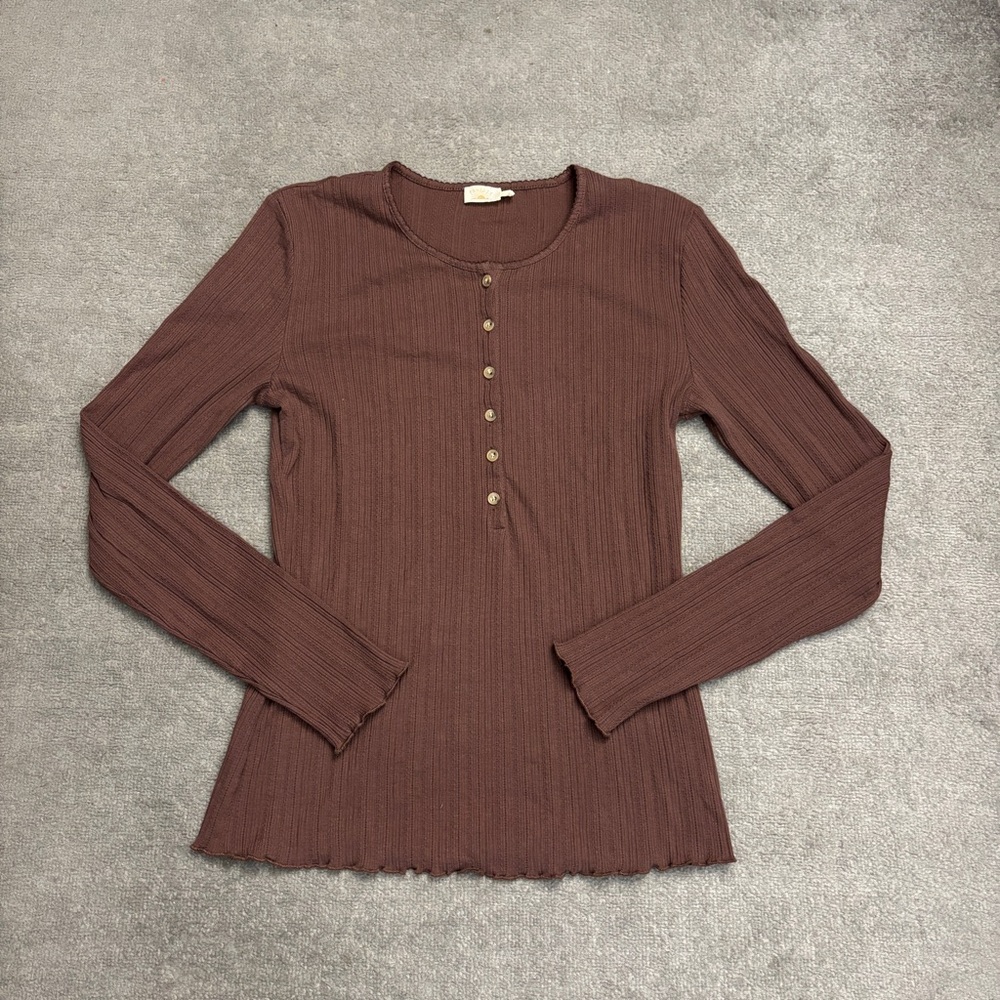 Faherty Paradise Pointelle Long Sleeve Henley Top Chocolate Brown - Picture 3 of 9